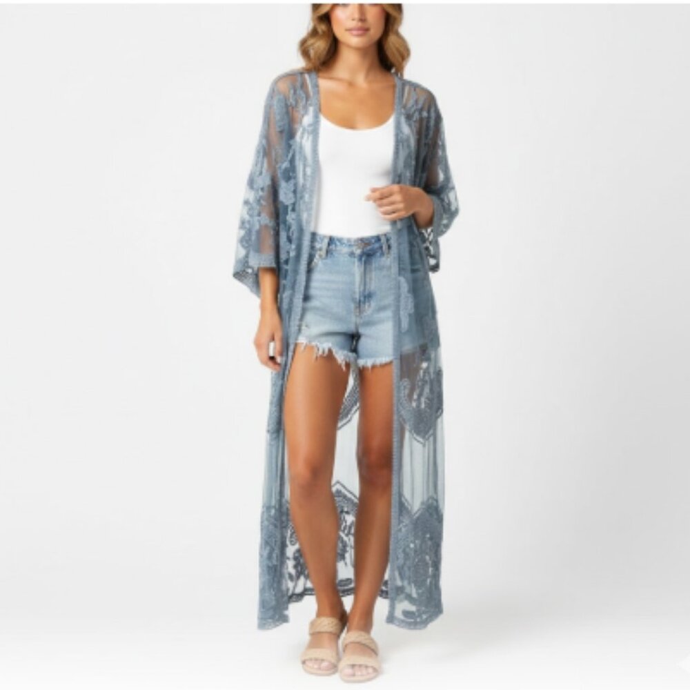 The Shabby Tree Women Blue Sheer Lace Open Front Long Kimono Cardigan Plus O/S